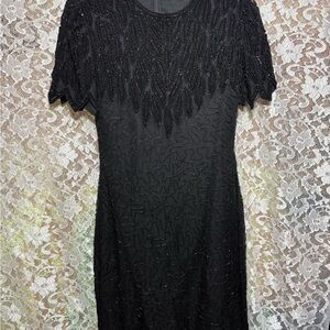 Laurence Kazar Black Beaded Mini Dress 80s vintage small